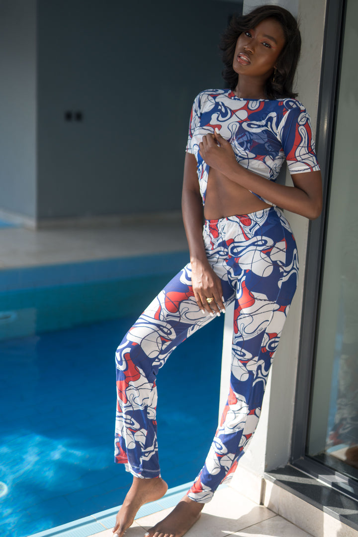 Iman Flared Mesh Trousers -  Blue Abstract