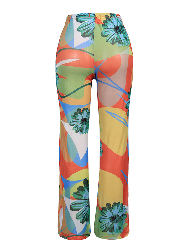 Iman Flared Mesh Trousers - Orange Floral