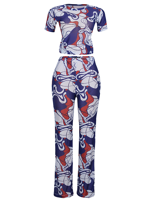 Iman Flared Mesh Trousers -  Blue Abstract