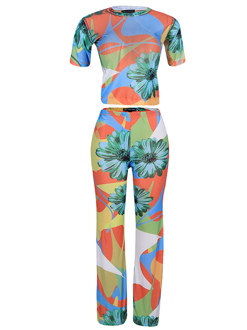 Iman Flared Mesh Trousers - Orange Floral